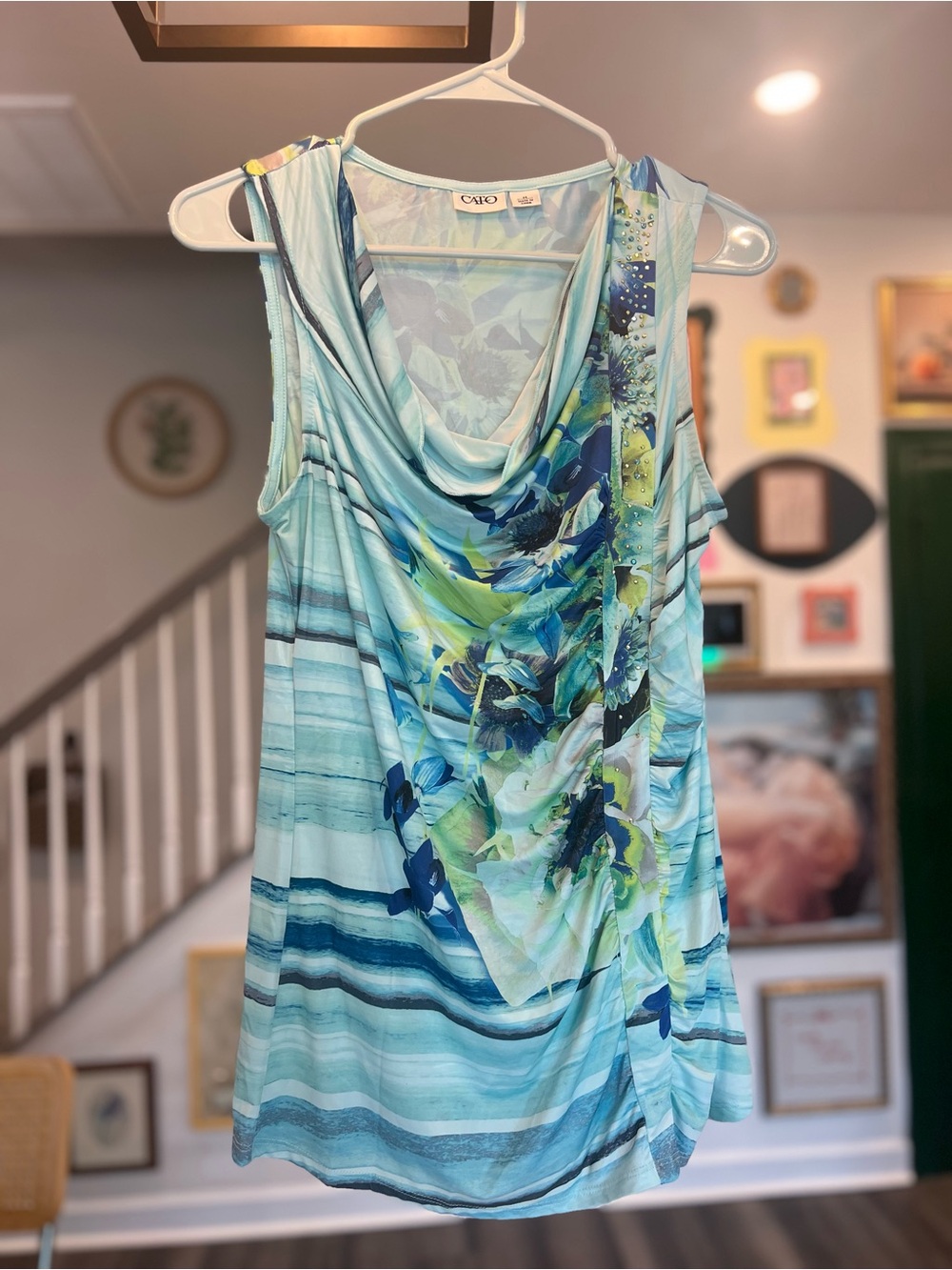 Cato Aqua Blue Floral Draped Tank Top